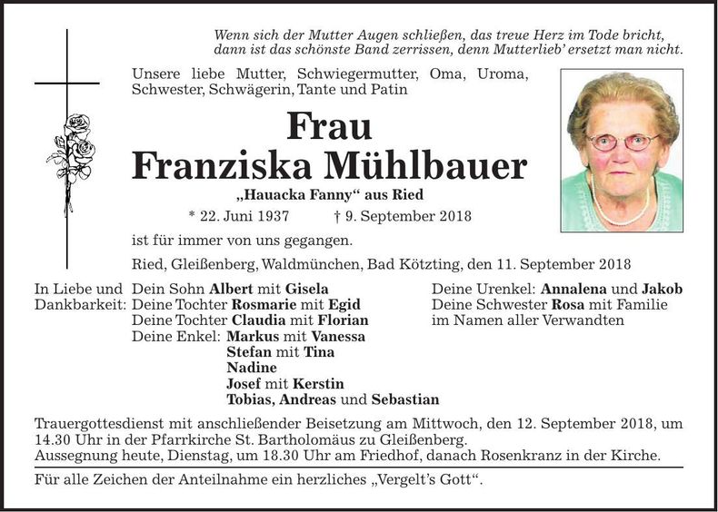 Traueranzeige Franzsika Mühlbauer