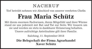 Traueranzeige Maria Schütz