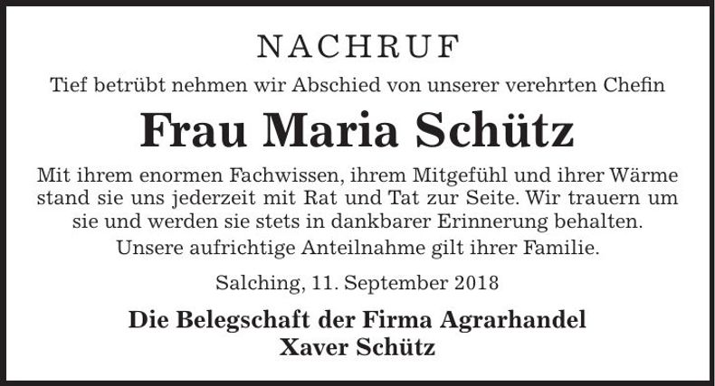 Traueranzeige Maria Schütz