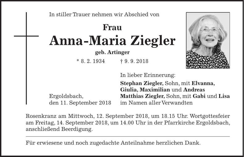 Traueranzeige Anna-Maria Ziegler