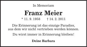 Traueranzeige Franz Meier