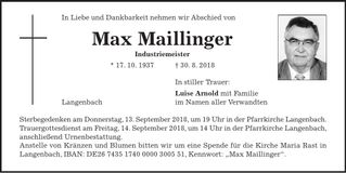 Traueranzeige Max Maillinger