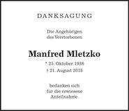 Traueranzeige Manfred Mletzko