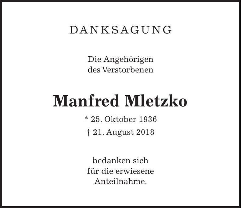Traueranzeige Manfred Mletzko