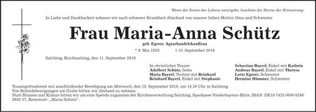 Traueranzeige Maria-Anna Schütz