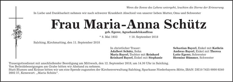 Traueranzeige Maria-Anna Schütz