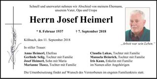 Traueranzeige Josef Heimerl