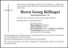 Traueranzeige Georg Killinger