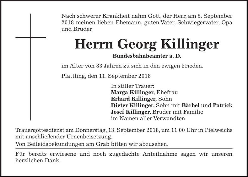 Traueranzeige Georg Killinger