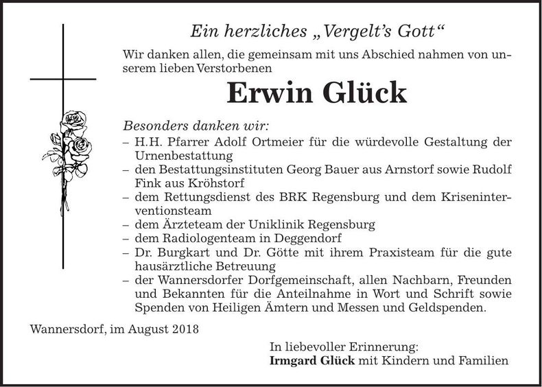 Traueranzeige Erwin Glück
