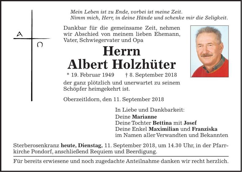 Traueranzeige Albert Holzhüter