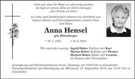 Traueranzeige Anna Hensel