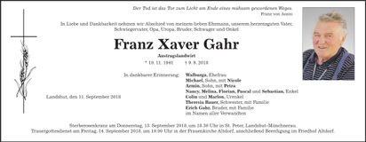 Traueranzeige Franz Xaver Gahr