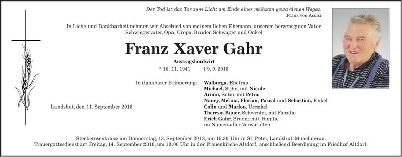 Traueranzeige Franz Xaver Gahr