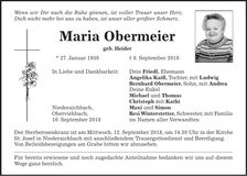 Traueranzeige Maria Obermeier