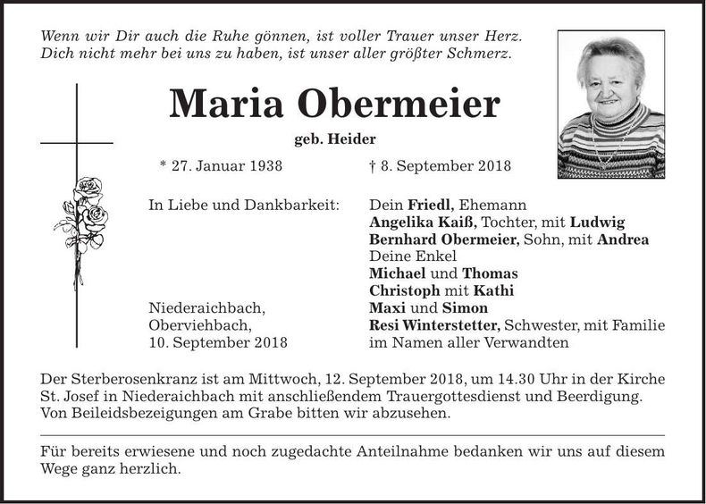 Traueranzeige Maria Obermeier