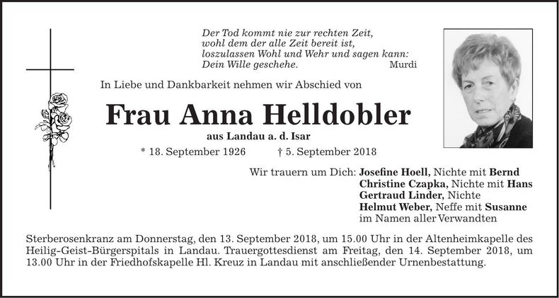 Traueranzeige Anna Helldobler