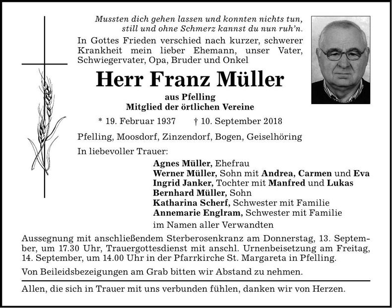 Traueranzeige Franz Müller