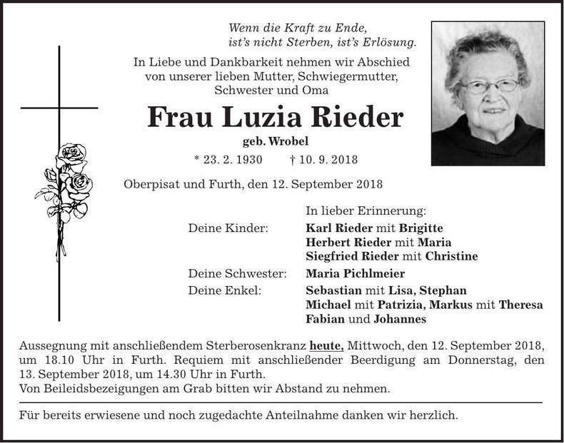 Traueranzeige Luzia Rieder