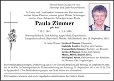 Traueranzeige Paula Zimmer
