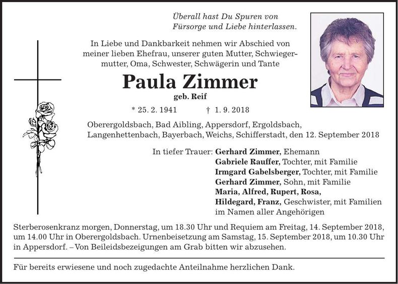 Traueranzeige Paula Zimmer