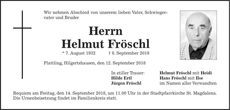 Traueranzeige Helmut Fröschl