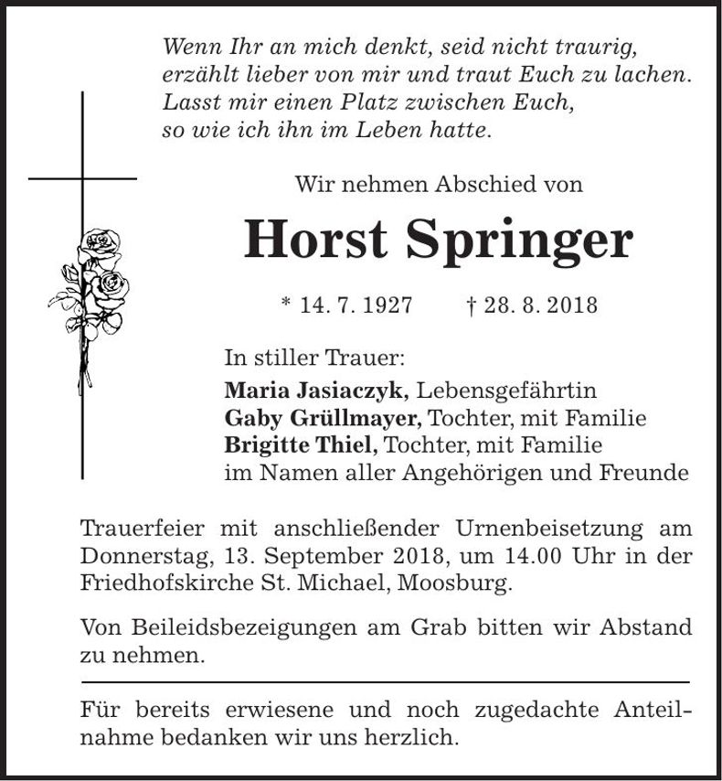 Traueranzeige Horst Springer