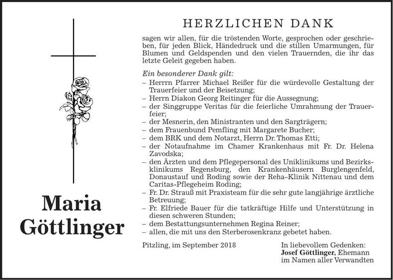 Traueranzeige Maria Göttlinger
