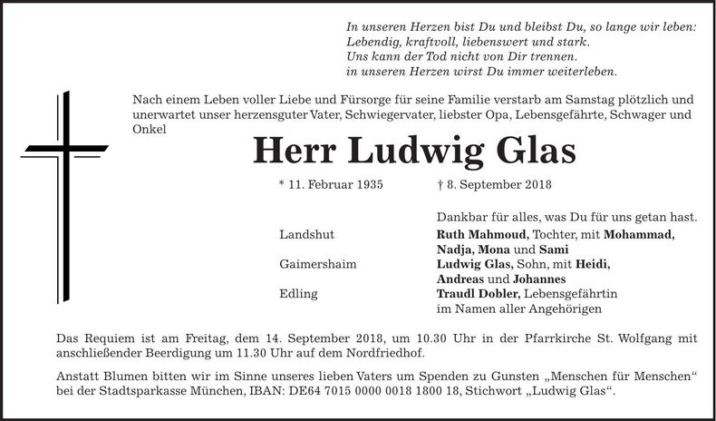 Traueranzeige Ludwig Glas