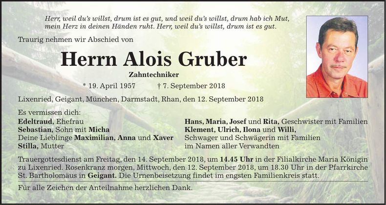 Traueranzeige Alois Gruber