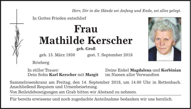 Traueranzeige Mathilde Kerscher