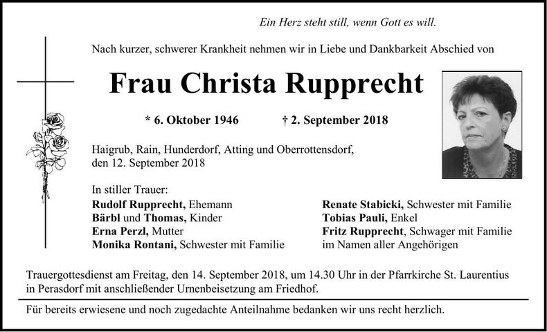 Traueranzeige Christa Rupprecht