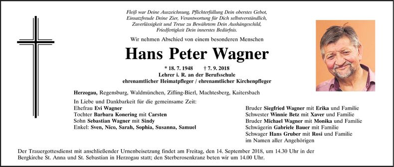 Traueranzeige Hans Peter Wagner