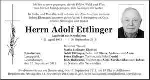 Traueranzeige Adolf Ettlinger
