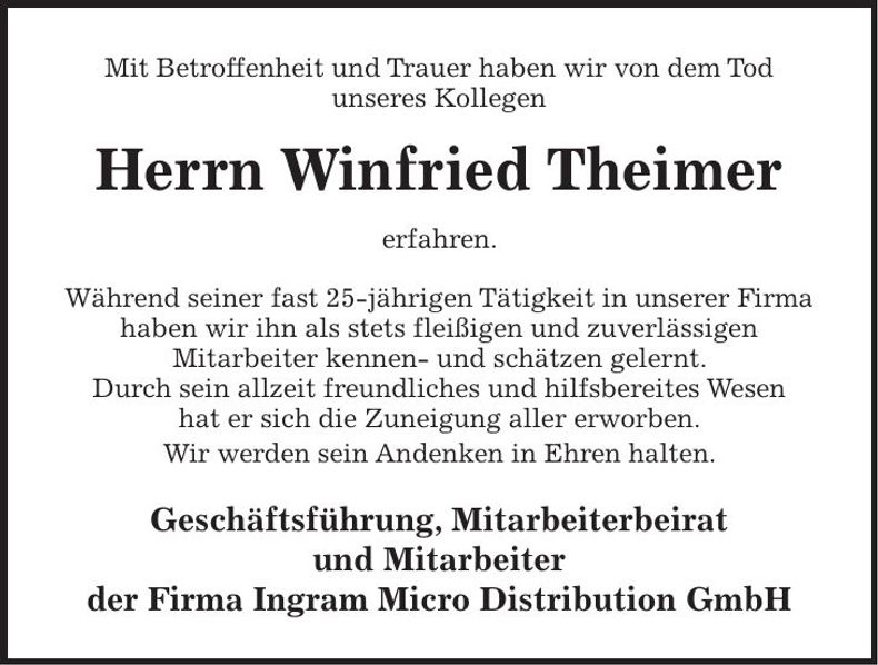 Traueranzeige Winfried Theimer