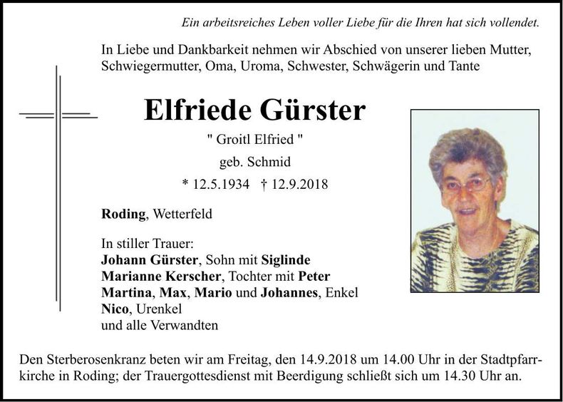 Traueranzeige Elfriede Gürster