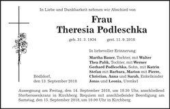 Traueranzeige Theresia Podleschka