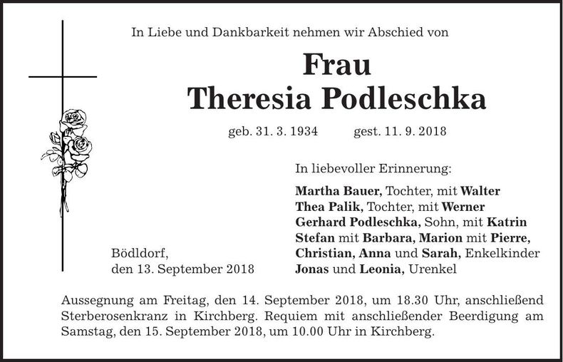 Traueranzeige Theresia Podleschka