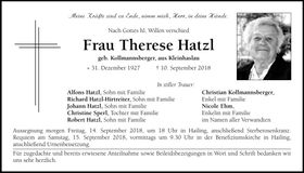 Traueranzeige Therese Hatzl