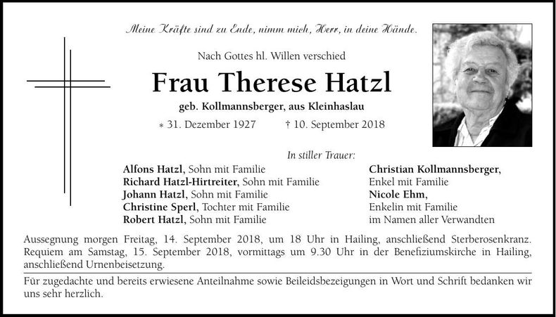 Traueranzeige Therese Hatzl