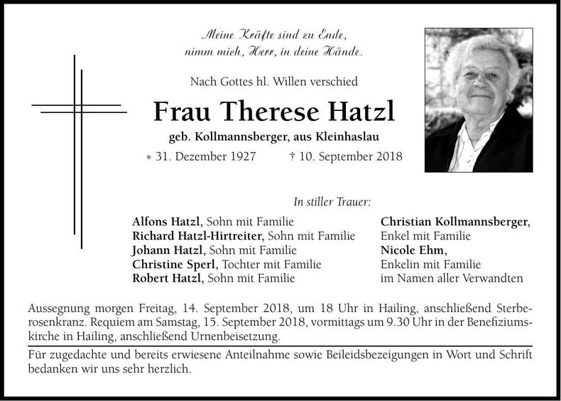 Traueranzeige Therese Hatzl