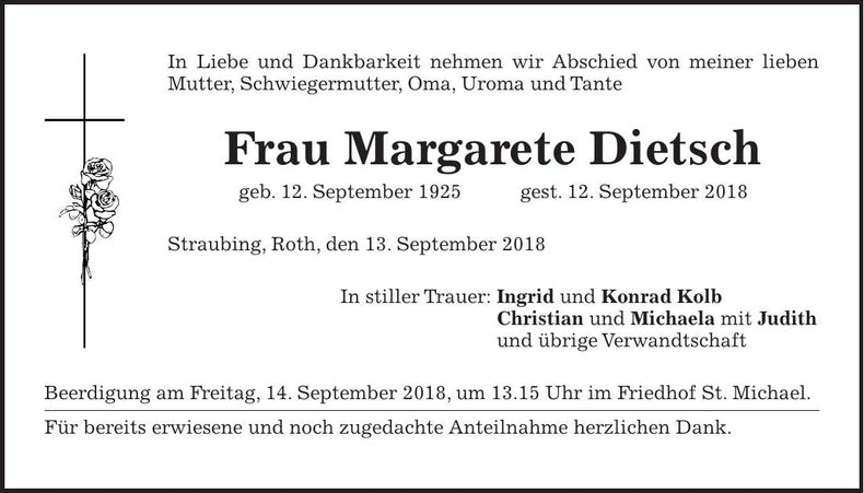 Traueranzeige Margarete Dietsch