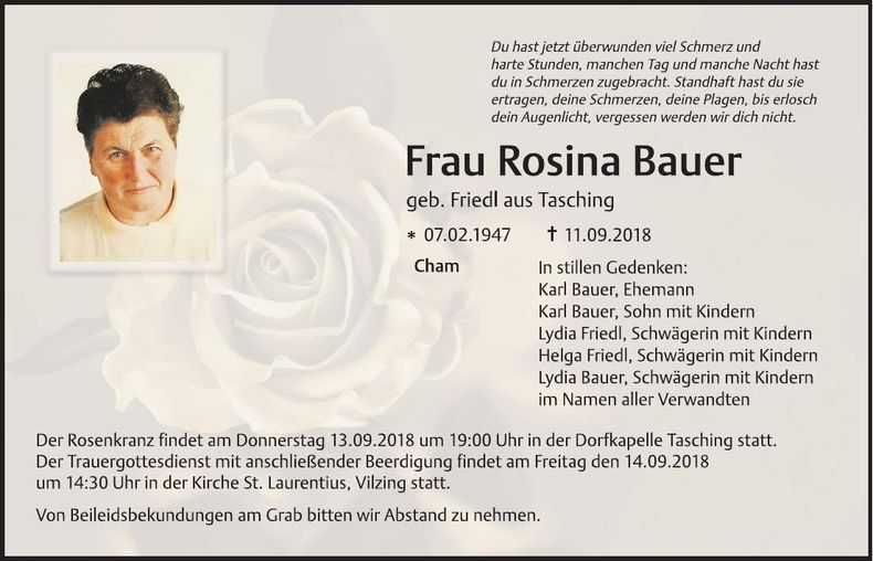 Traueranzeige Rosina Bauer