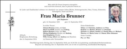 Traueranzeige Maria Brunner