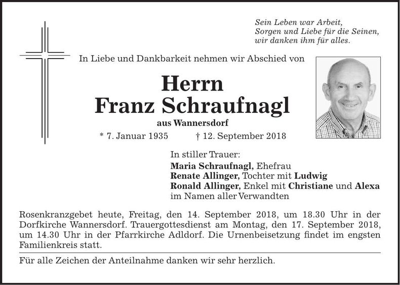 Traueranzeige Franz Schraufnagl
