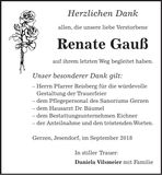 Traueranzeige Renate Gauß