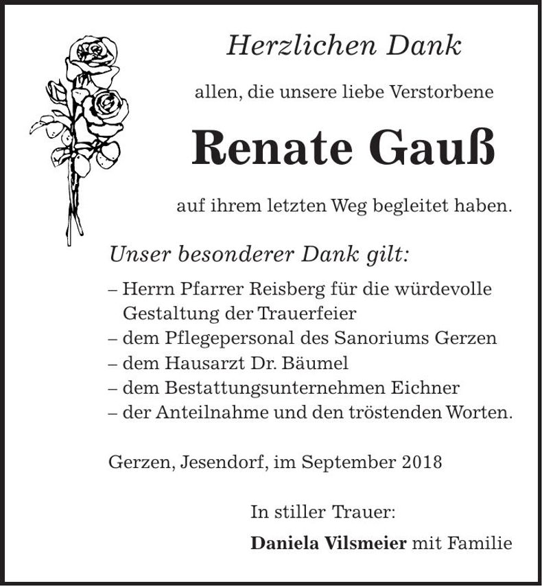 Traueranzeige Renate Gauß