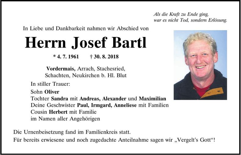 Traueranzeige Josef Bartl