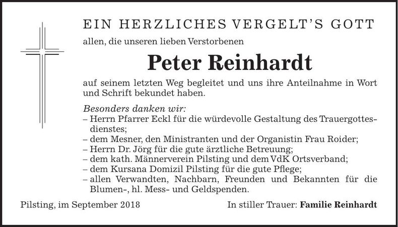 Traueranzeige Peter Reinhardt