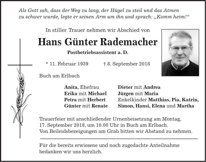 Traueranzeige Hans Günter Rademacher